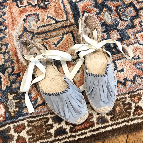 Soludos Shoes - Soludos Blue Fringe Lace Up Ankle Espadrille Flats